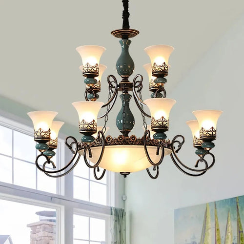 European retro ceramic chandelier with glass shade - vue 2 sur 21