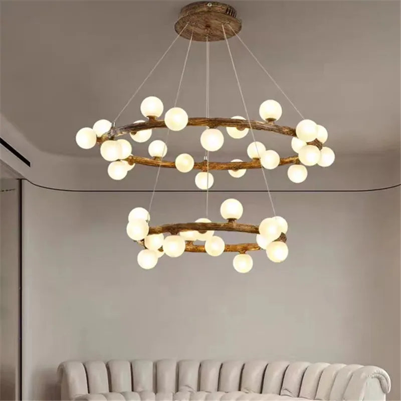 Retro tree branch chandelier in wood and glass