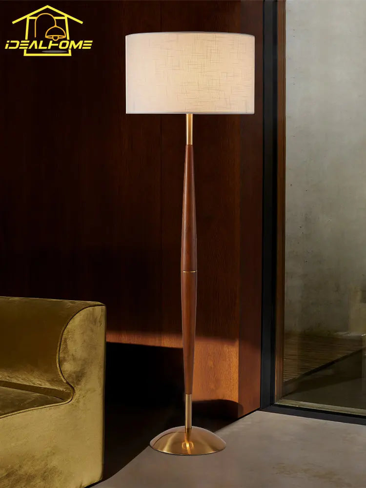 Modern walnut wood and fabric decorative floor lamp