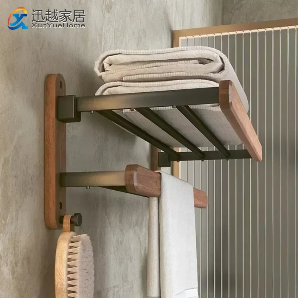 Wood and aluminium wall-mounted towel rack and shower accessories organiser