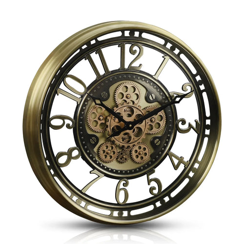 industrial metal wall clock with decorative moving gears - vue 15 sur 14