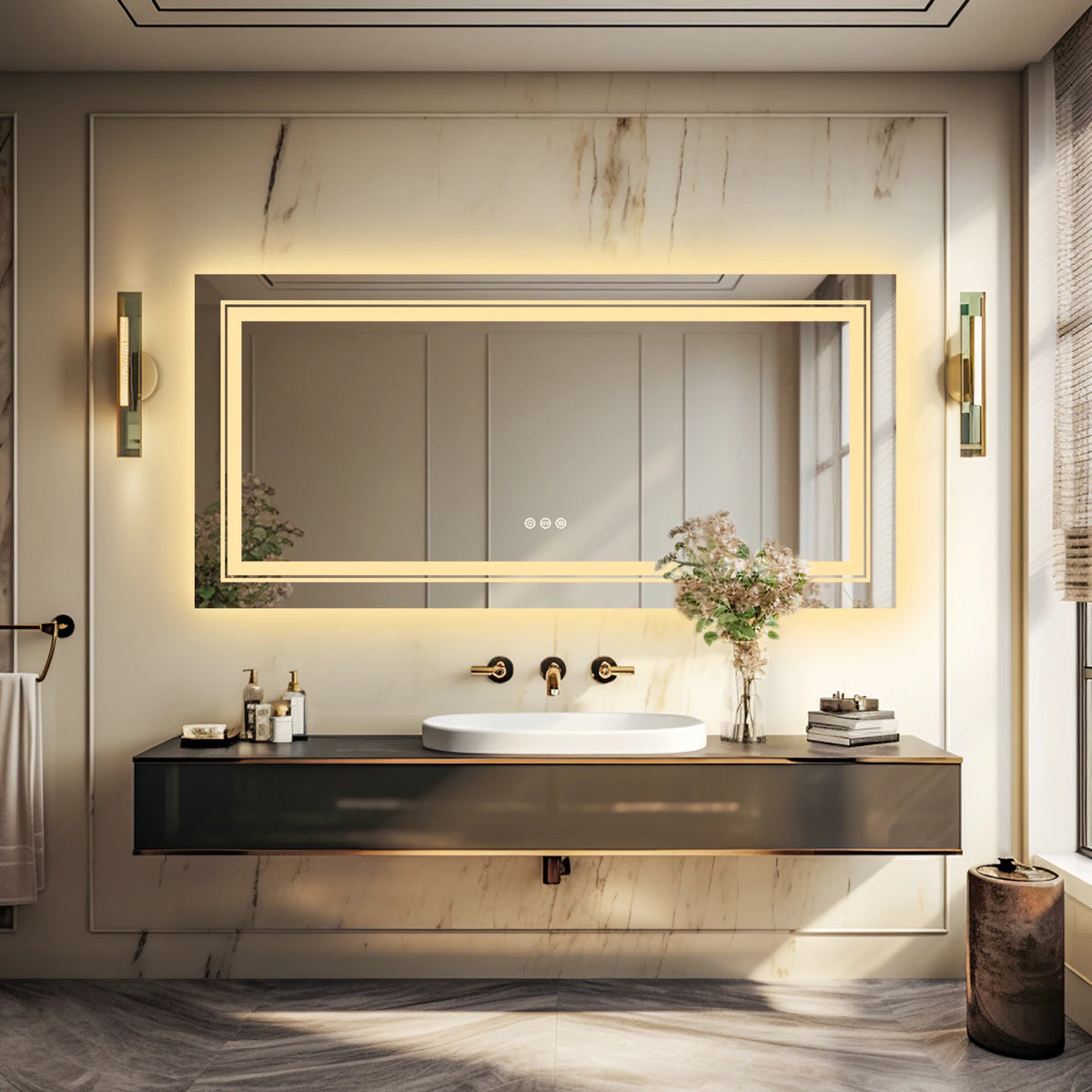 rectangular backlit mirror with dimmable brightness and touch switch