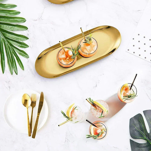 Gold stainless steel oval storage tray for various items - vue 5 sur 6
