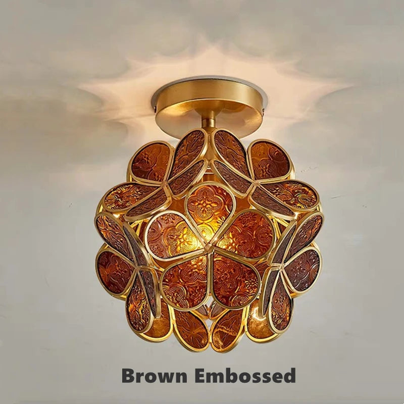 Vintage glass and copper chandelier with decorative luminous petals