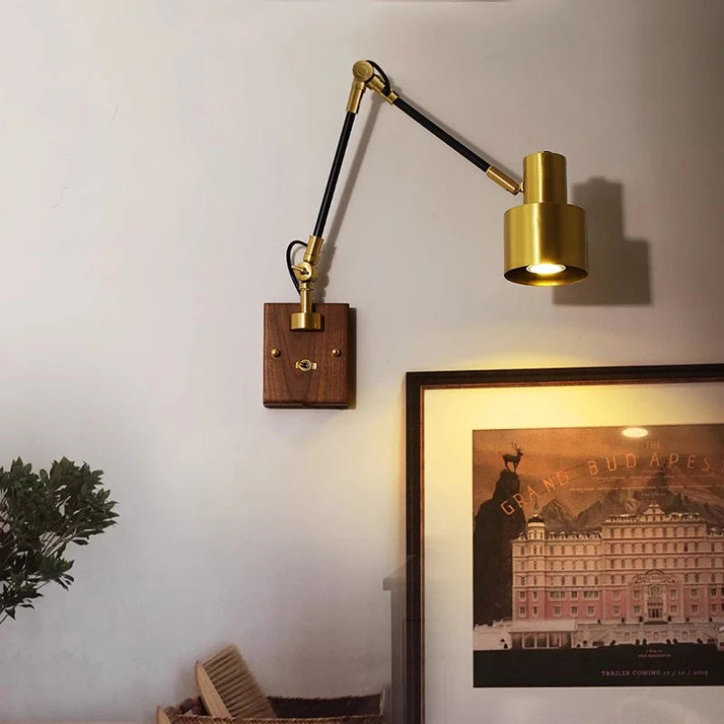 Copper and solid wood swivel arm wall light