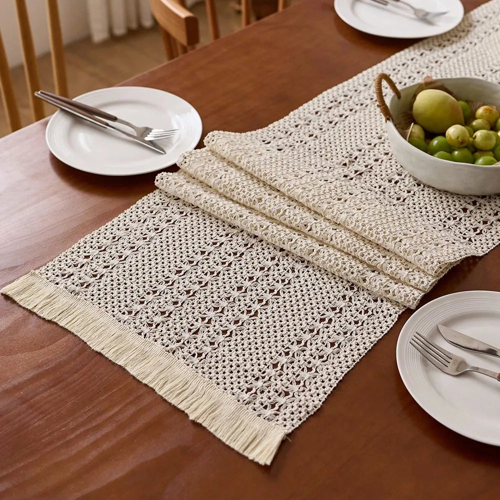 Nordic bohemian woven table runner with handcrafted tassels