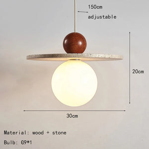 Round stone and wood chandelier for various uses