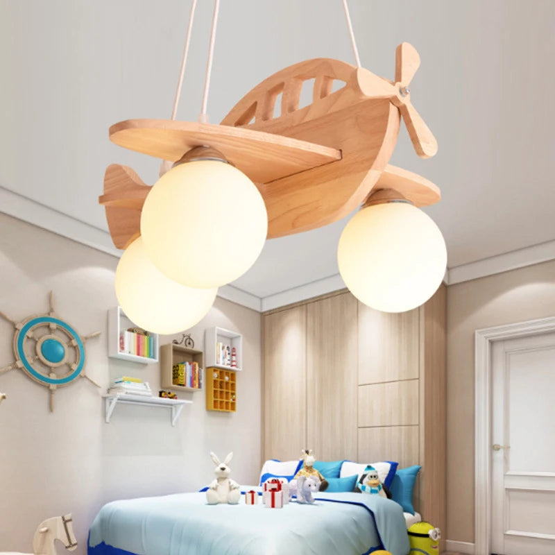 Children's wooden airplane chandelier LED pendant light