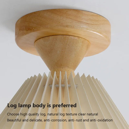 Modern LED ceiling light with wood and pleated fabric - vue 5 sur 11