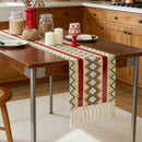 Bohemian table runner with Aztec pattern and tassels