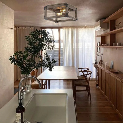 Square solid wood ceiling light, American rural industrial style - vue 6 sur 6