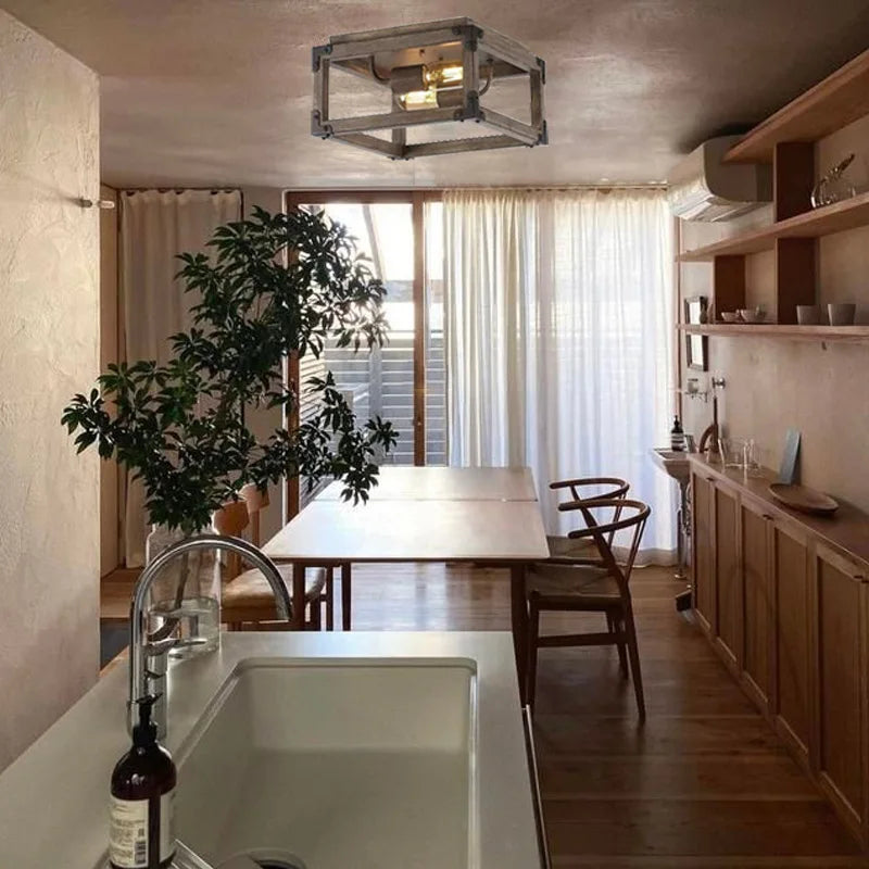 Square solid wood ceiling light, American rural industrial style - vue 6 sur 6