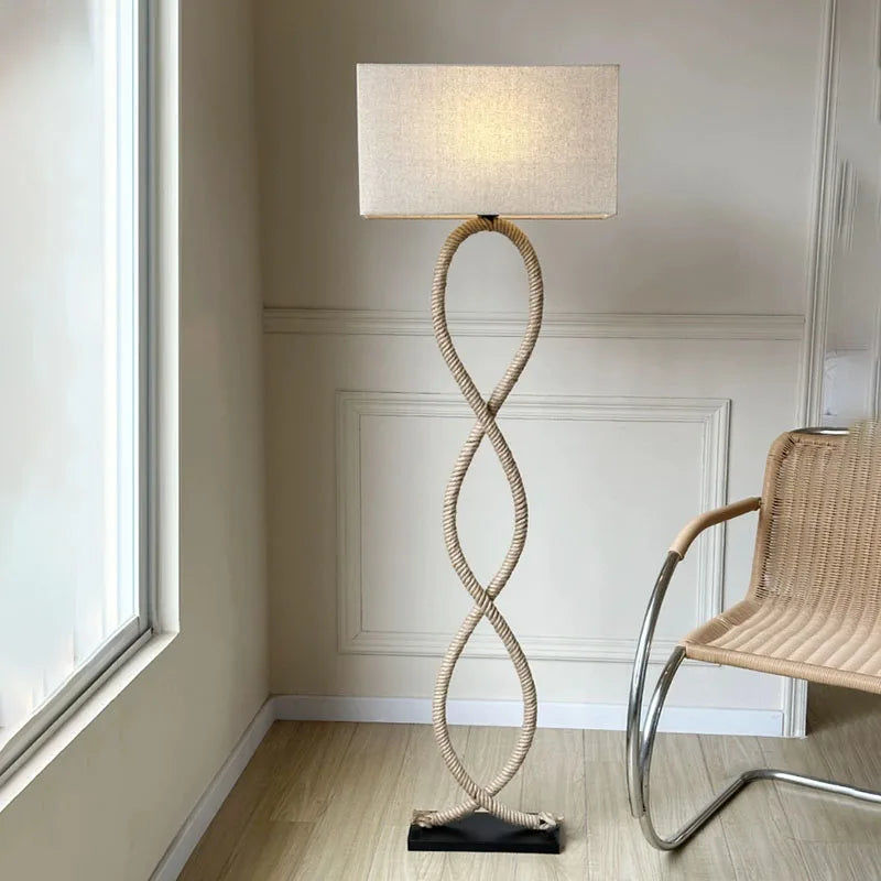 Nordic retro Wabi Sabi hemp rope fabric shade LED floor lamp for living room, home decor, bedroom, sofa corner, or bedside