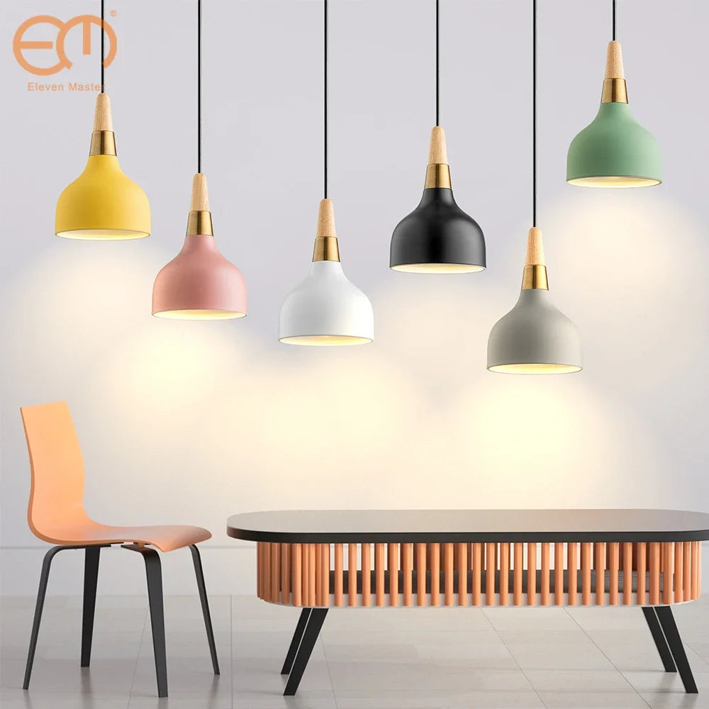 Nordic LED wire pendant lamp with wooden macaron shape