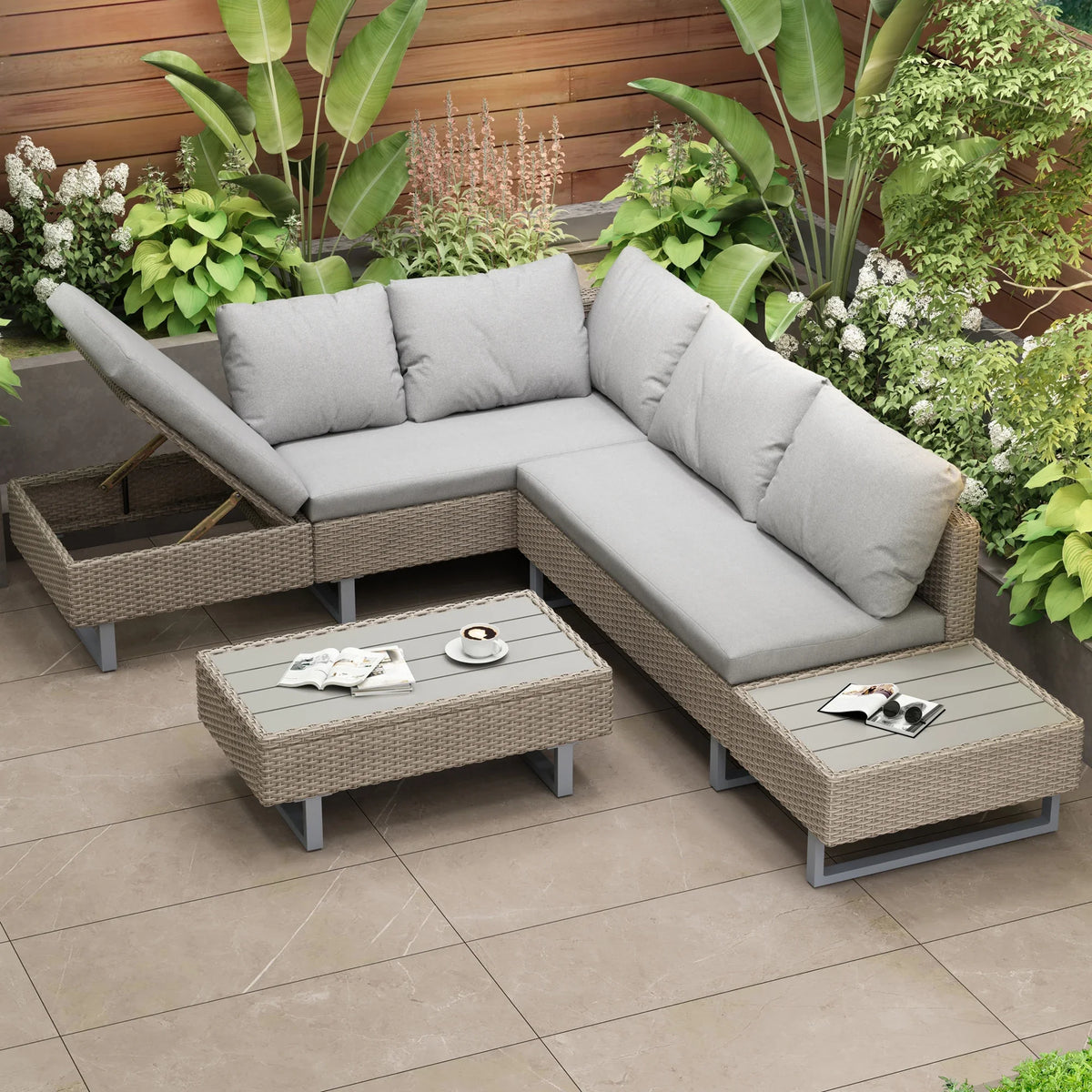 Poly Rattan Garden Lounge Set – 4-5 Seater Corner Sofa with Table &amp; Cushions, Removable Washable Covers, Khaki