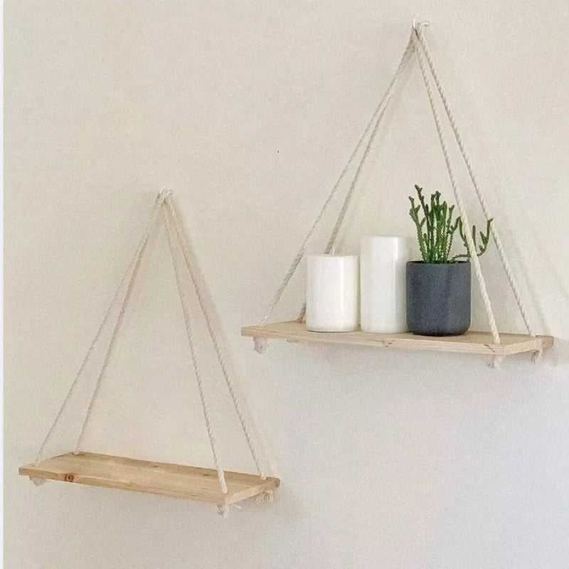 wooden swing hanging floating shelf for plants and decoration
