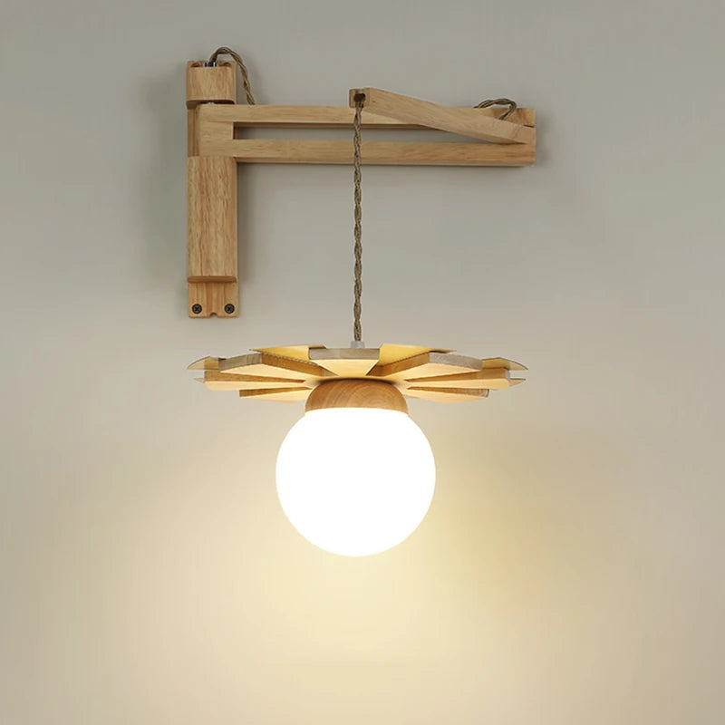 Nordic wooden hanging wall light with swing arm LED