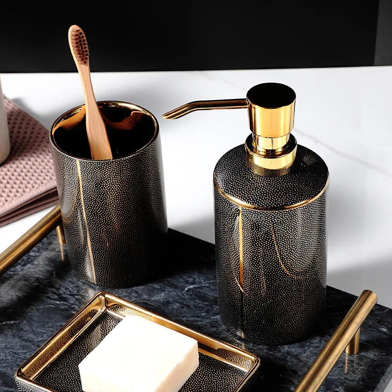 Ceramic soap dispenser and gold bathroom accessories set - vue 3 sur 10