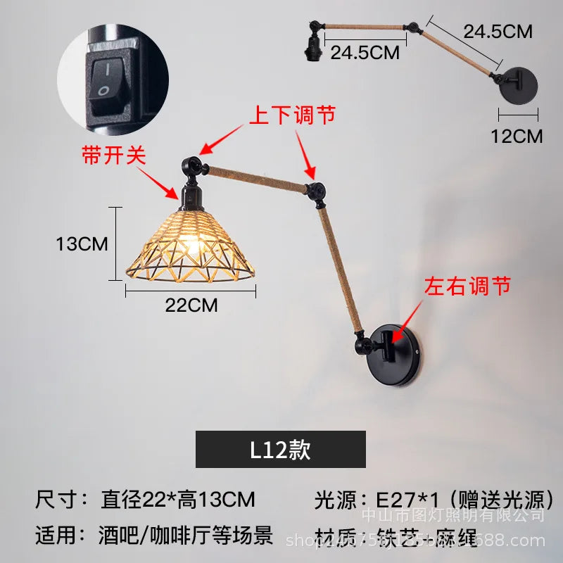 Nordic telescopic wall lamp with adjustable swivel arm and hemp rope - vue 15 sur 22