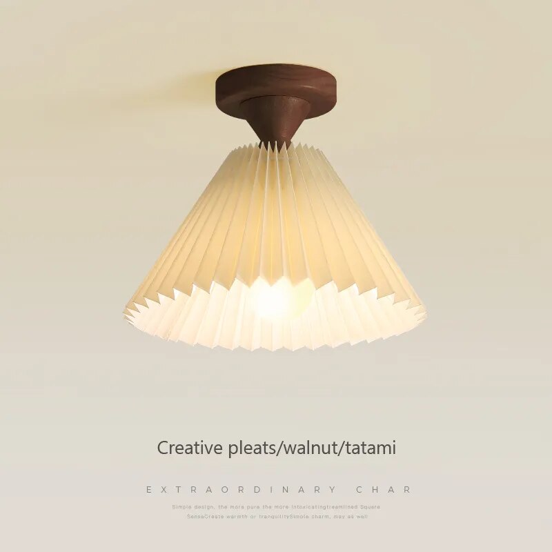 Modern LED ceiling light with wood and pleated fabric