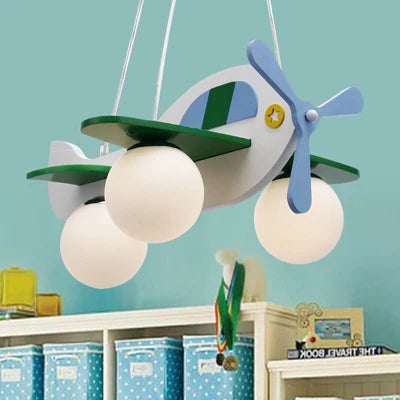 Wood and glass cartoon airplane pendant light for children