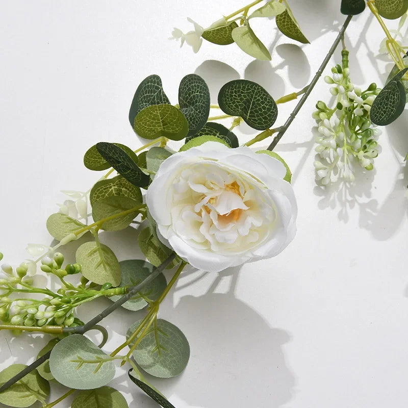 Artificial green plant silk roses, floral decor vine