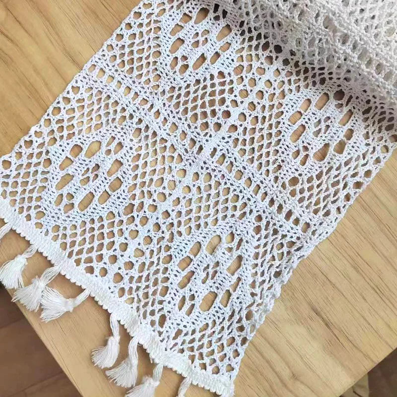 Vintage beige crochet lace table runner with tassels