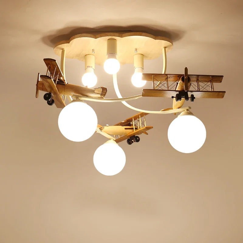 Wooden airplane LED ceiling light for children's bedroom