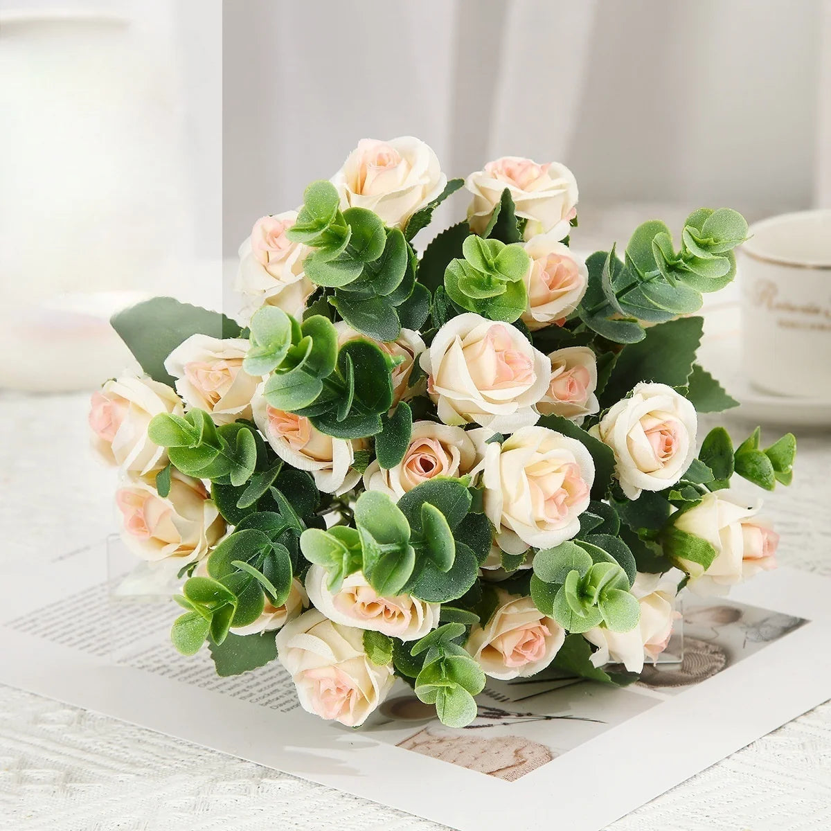 Set of 10 artificial roses bouquet with eucalyptus and peonies decorative - vue 6 sur 10