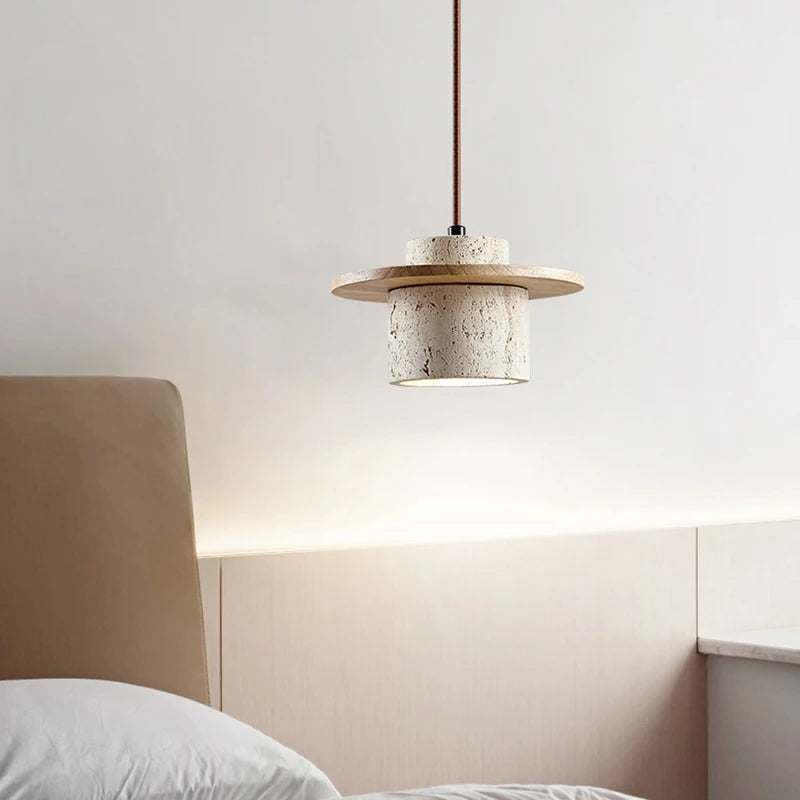 Stone and wood pendant light with adjustable cord for restaurant