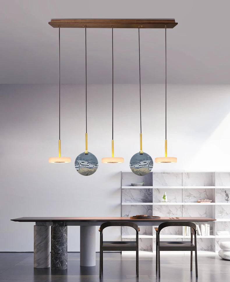 Natural wood or gold marble hanging chandelier with LED lighting