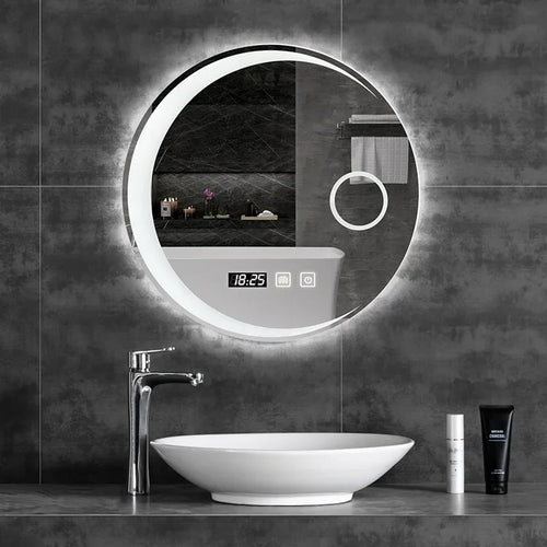 round mirror with led lights black steel frame - vue 2 sur 2