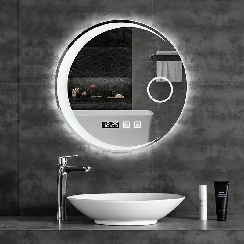 round mirror with led lights black steel frame