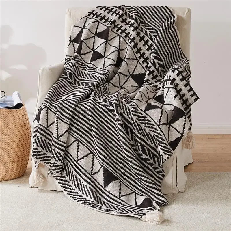 Bohemian geometric knitted throw with soft warm tassels