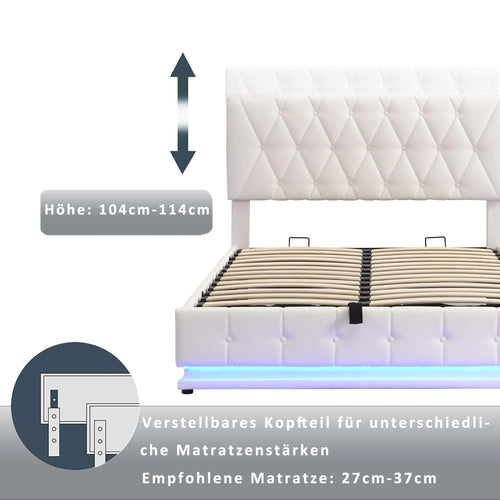 White Upholstered Bed, 140x200cm Double Bed, with Slatted Frame Artificial Leather Cover LED Lighting Hydraulically Liftable Bed - vue 5 sur 6
