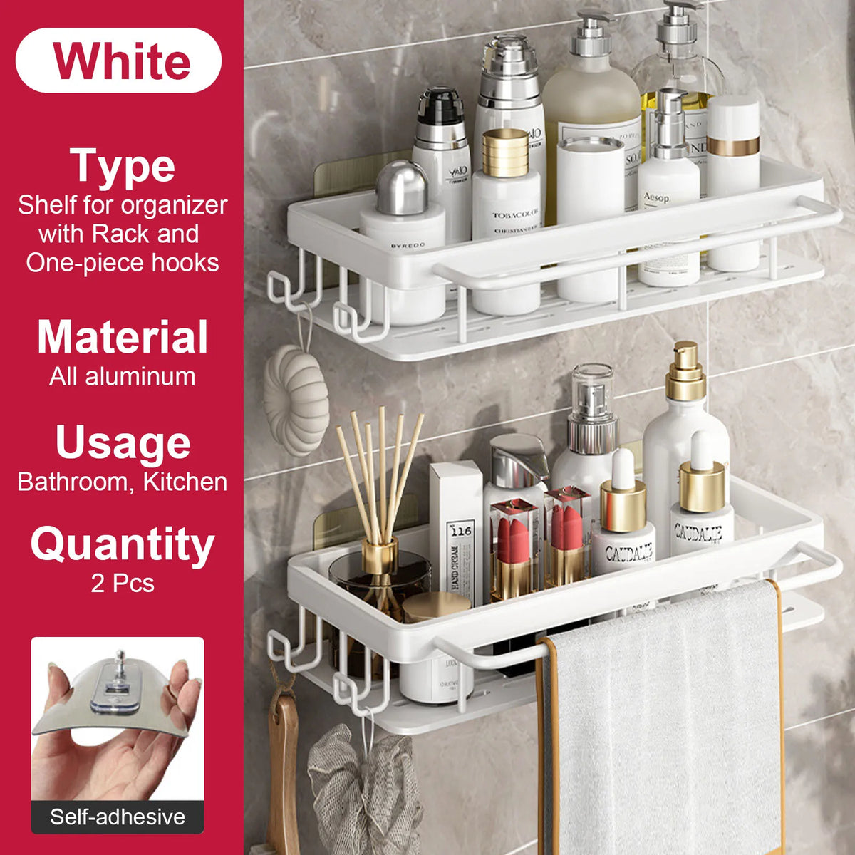 no-drill wall shelf for bathroom and kitchen storage