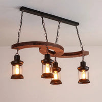 Retro industrial 4-head wood and iron chandelier for café, bar or loft