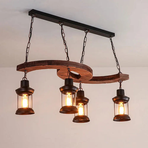 Retro industrial 4-head wood and iron chandelier for café, bar or loft