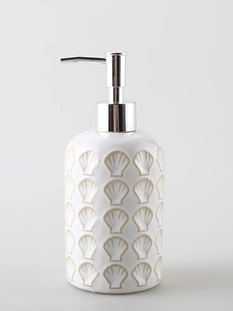 ceramic lotion bottle embossed with shells for bathroom