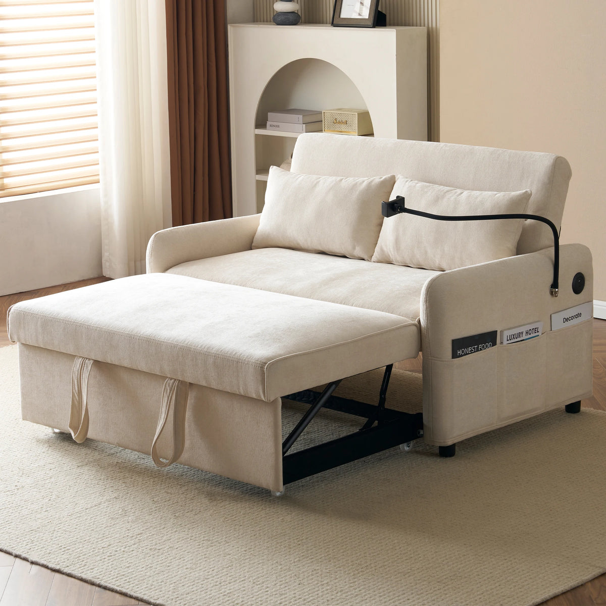 Modern double folding sofa bed, multi-functional with adjustable backrest, cell phone holder &amp; USB charging station