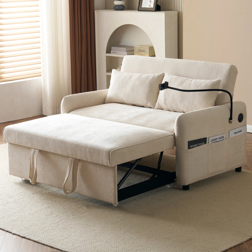 Modern double folding sofa bed, multi-functional with adjustable backrest, cell phone holder &amp; USB charging station