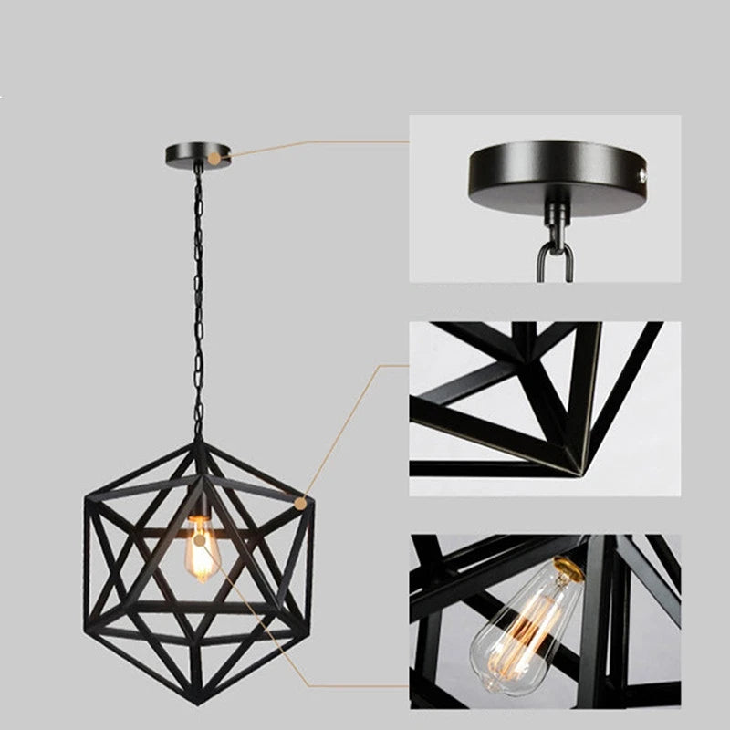 gzmj hexahedron pendant light in black iron - vue 6 sur 7