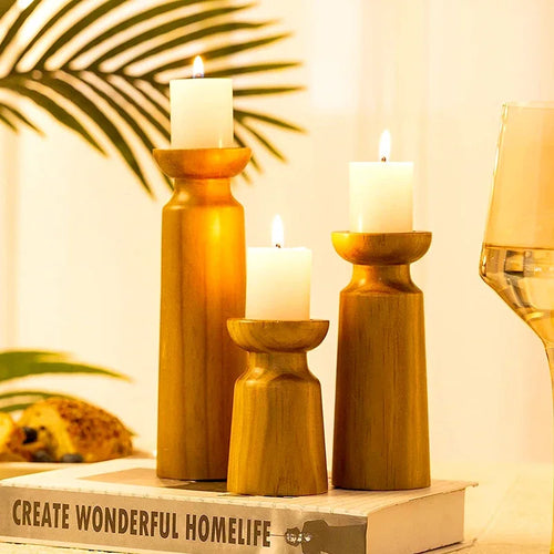 Set of 3 natural wood candle holders for retro wedding decor - vue 6 sur 6