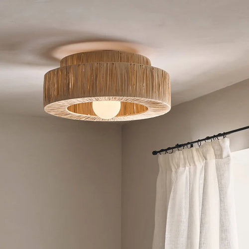 Retro rattan and straw ceiling light - vue 5 sur 8