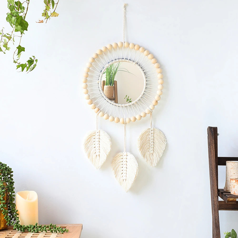 Boho-style macramé wall mirror for interior decoration
