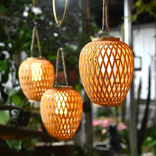 Outdoor solar lantern with imitation bamboo weave for decorative garden use