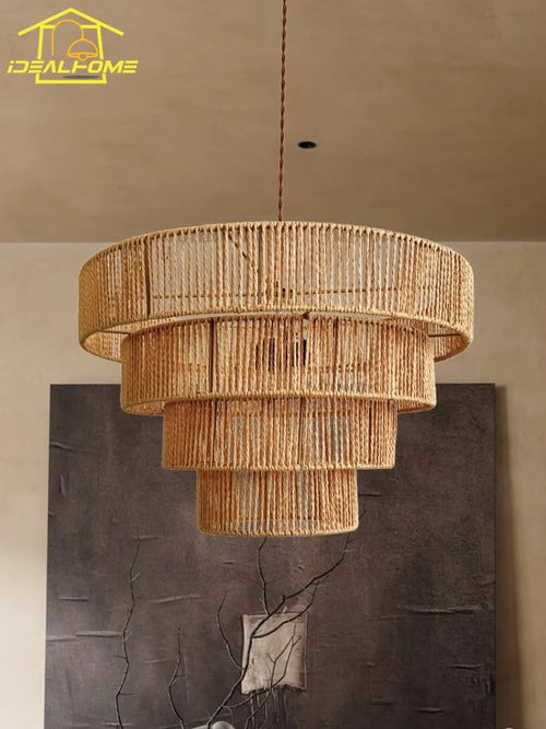 Wabi-sabi style hemp rope pendant light for elegant interiors - vue 4 sur 8