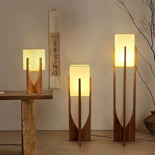 Chinese solid wood floor lamp with LED, vertical nordic style for living room, bedroom or bedside - premium decor - vue 3 sur 12