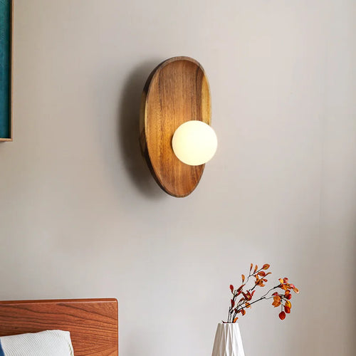 Natural wood wall light with vintage glass shade - vue 5 sur 8