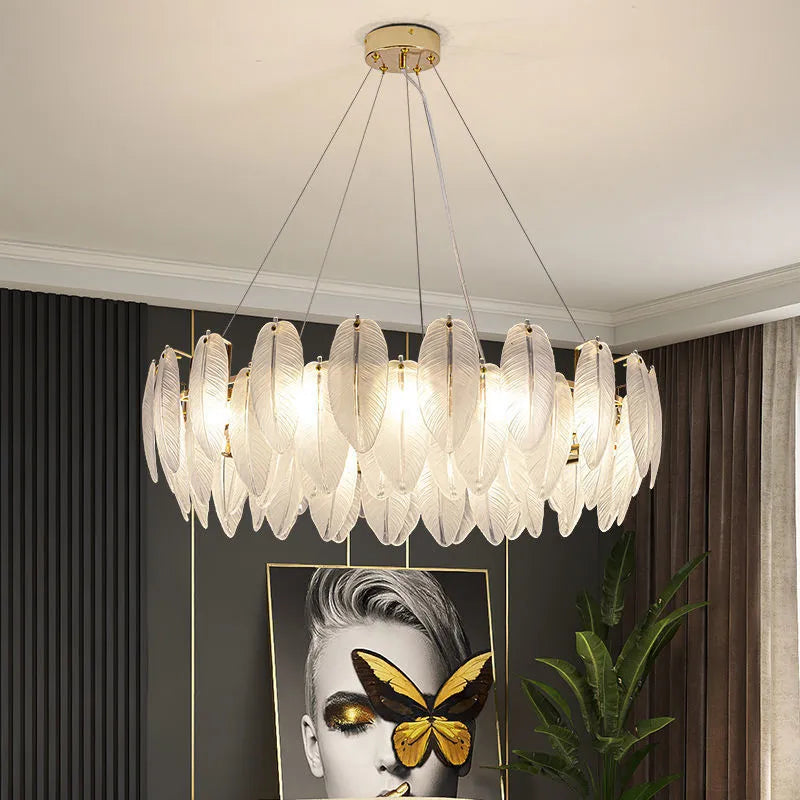 Modern luxury feather and metallic glass chandelier